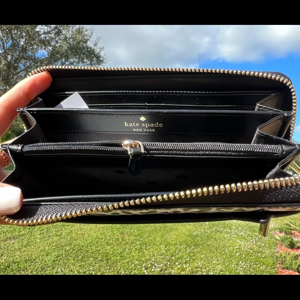 Kate Spade Meow Cat Large Continental Wallet Black Leather Leopard - Picture 4 of 4